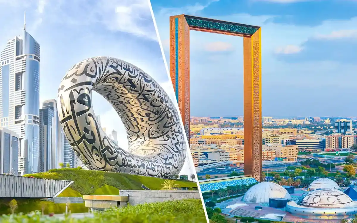 Die Struktur des Rahmens in Dubai mit goldener und spiegelnder Fassade im Licht des Sonnenuntergangs.